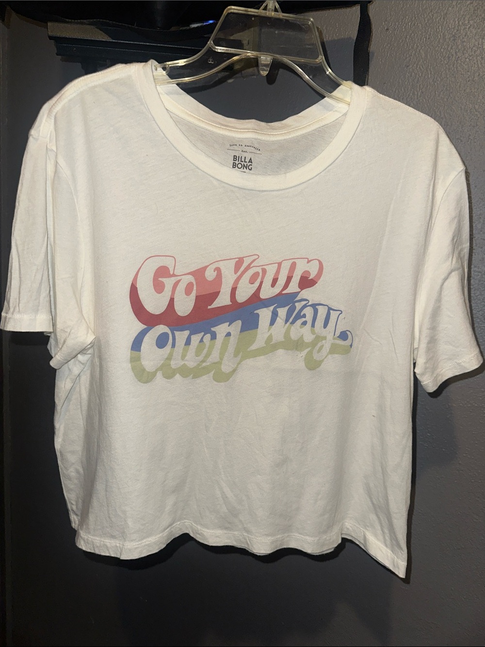 Billabong White Tee with Retro Multicolor 'Go Your Own Way' Graphic
